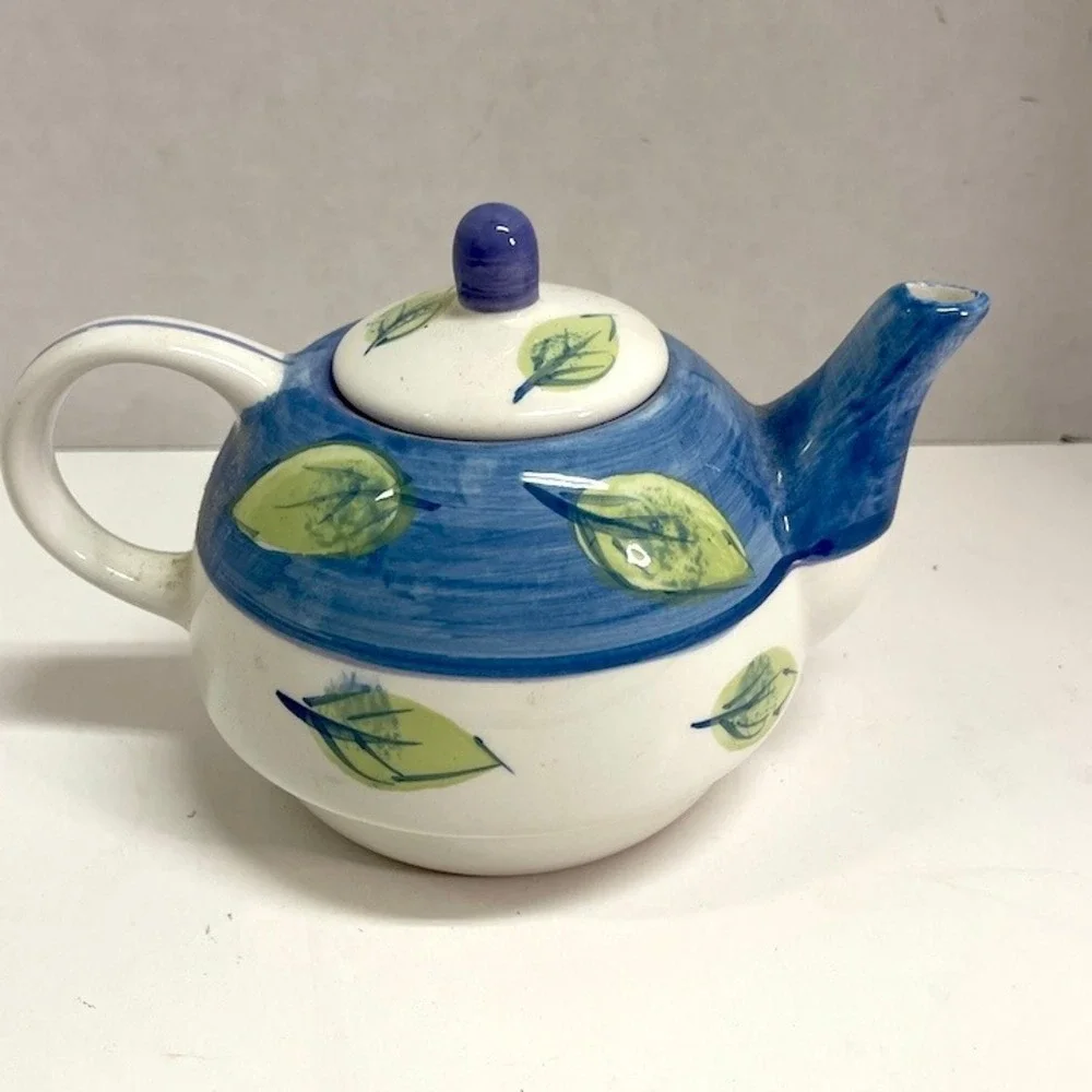 Royal Norfolk Blue and Green Leaf Hand Painted Ceramic Teapot with Lid 7